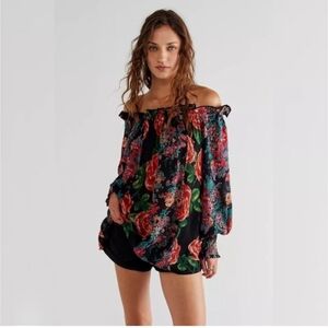 Free People Floral Off-Shoulder Blouse - Black and Red